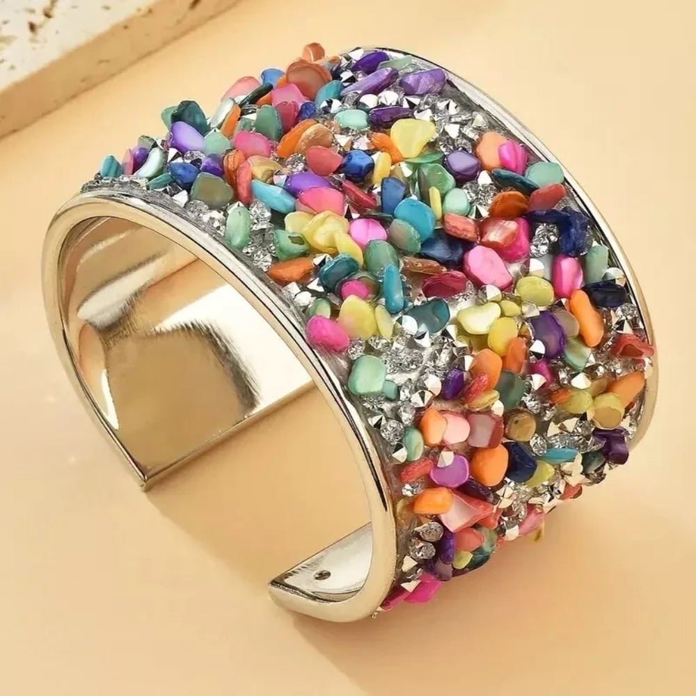 Elegant Silver Tone Rainbow Gemstones Wristband Bracelet Bangle Cuff - Picture 3 of 4